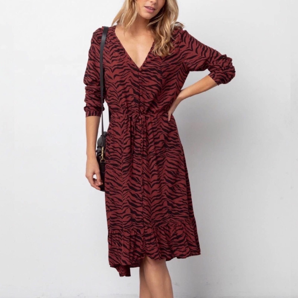RAILS Jade Rust Tiger Stripe Hi-Low Button Front Midi Dress Women’s XS NWT